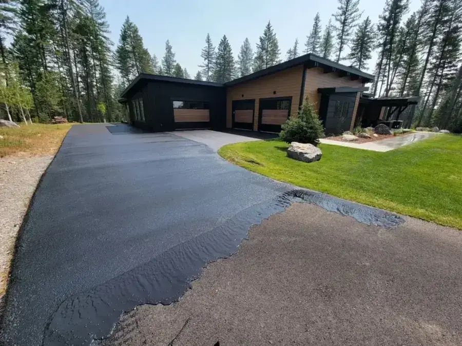Luxury estate asphalt driveway sealcoating on Flathead Lake, Montana
